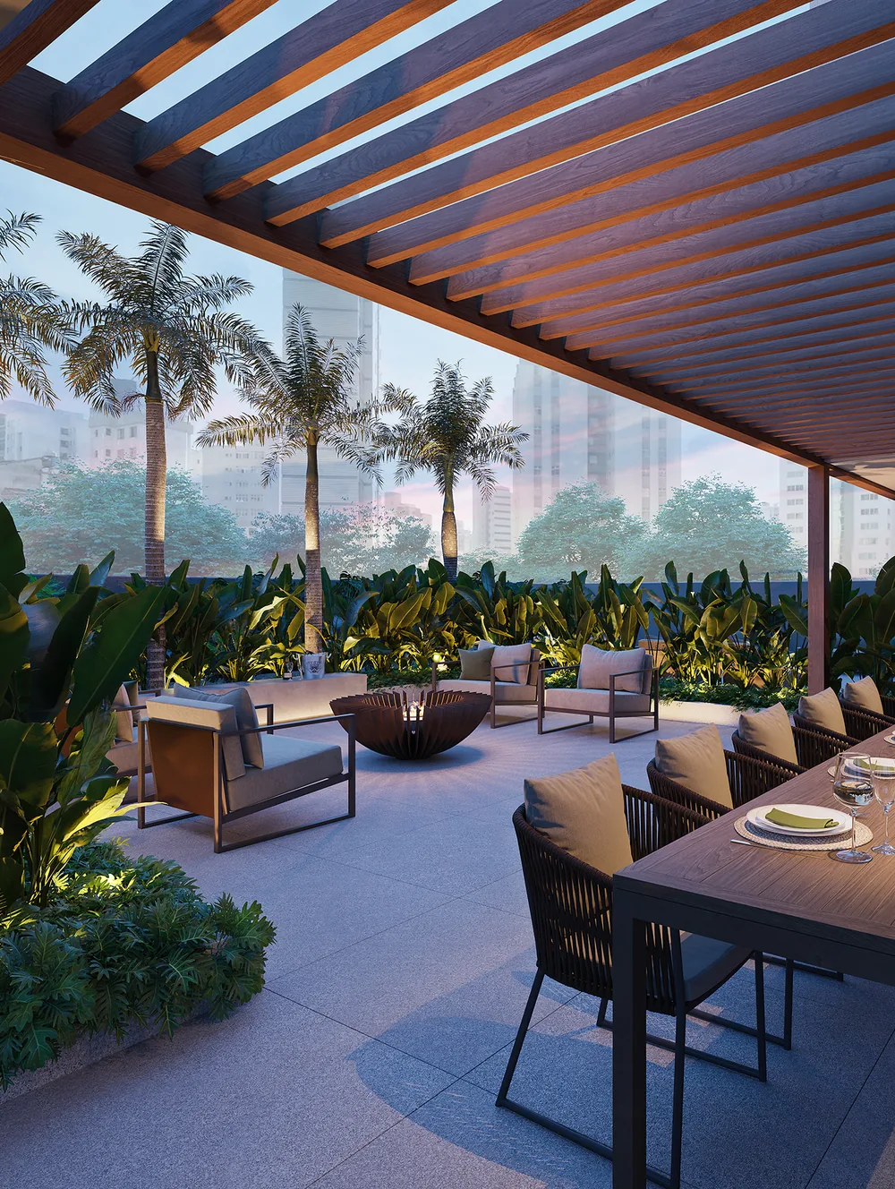 Terraço gourmet do Montano Antilia, com paisagismo e vegetação